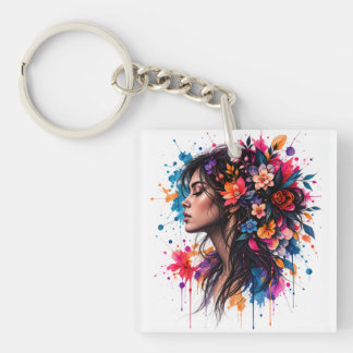 Colourful Watercolor Floral Woman Artistic Keychain