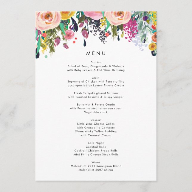 Colourful Watercolor Flower Garden Wedding Menu (Front)