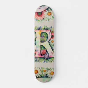 Colourful Watercolor Flower Personalized Monogram  Skateboard