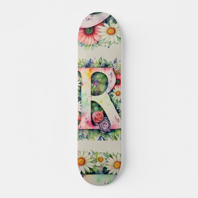 Colourful Watercolor Flower Personalized Monogram  Skateboard (Front)