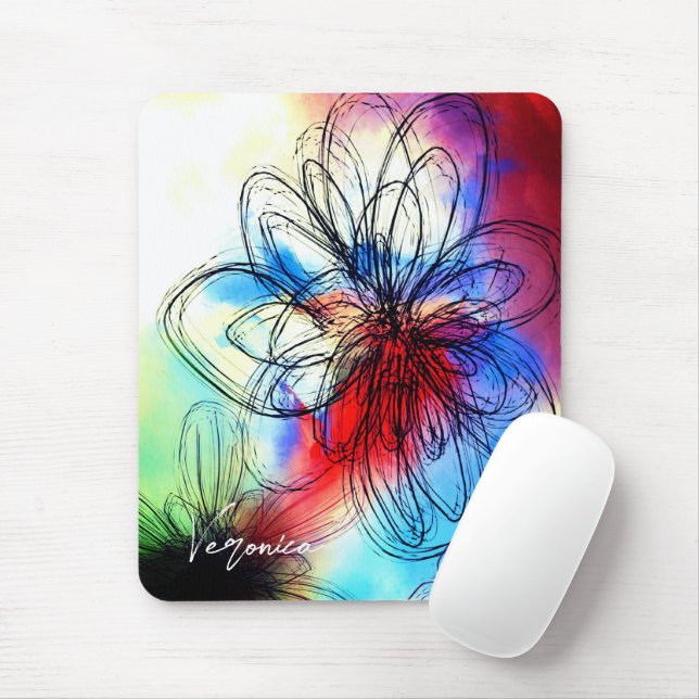 Colourful Watercolor Flowers Abstract Signature Mouse Pad (With Mouse)