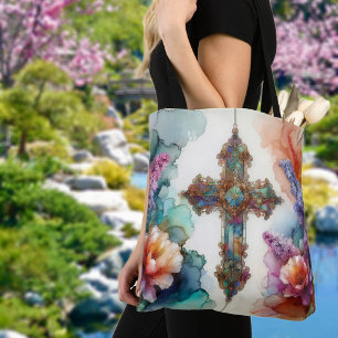 Colourful Watercolor Flowers And Cross Christian Tote Bag