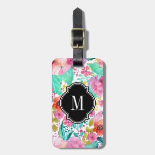 Colourful Watercolor Flowers Black Accent Monogram Luggage Tag