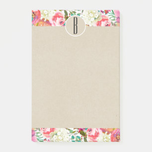Colourful Watercolor Flowers Kraft Monogram Initia Post-it Notes