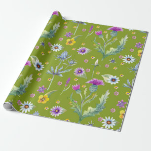 Colourful watercolor flowers on green background wrapping paper
