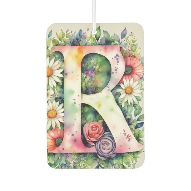 Colourful Watercolor Flowers Personalized Monogram Air Freshener (Front)