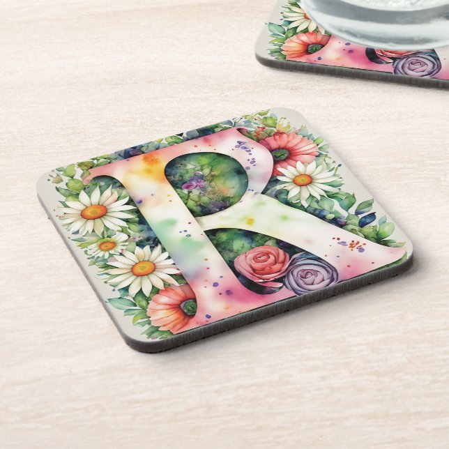 Colourful Watercolor Flowers Personalized Monogram Coaster (Left Side)