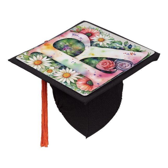 Colourful Watercolor Flowers Personalized Monogram Graduation Cap Topper (Angled)