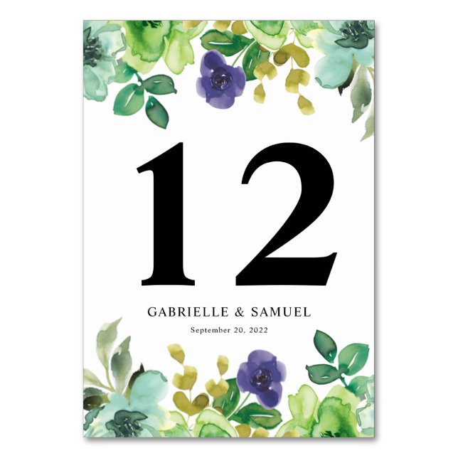 Colourful Watercolor Flowers Sage Green Wedding Table Number (Front)