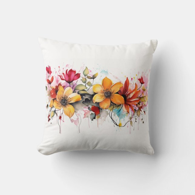 Colourful watercolor flowers throw pillow (Front)