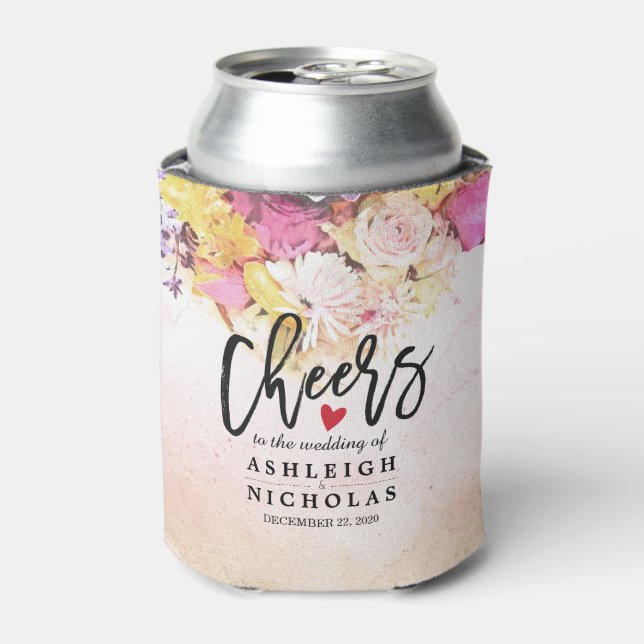 Colourful Watercolor Flowers Wedding Cheers to Lov Can Cooler (Can Front)