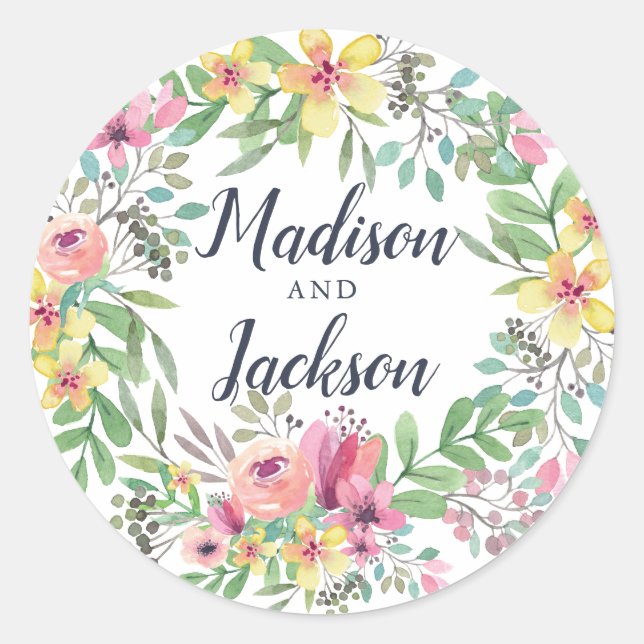 Colourful Watercolor Flowers Wedding Classic Round Sticker (Front)