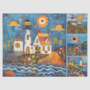 Colourful Watercolor Folk Art Light Houses  Tissue Paper