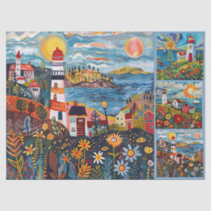 Colourful Watercolor Folk Art Light Houses Tissue Paper