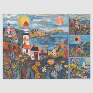 Colourful Watercolor Folk Art Light Houses  Tissue Paper
