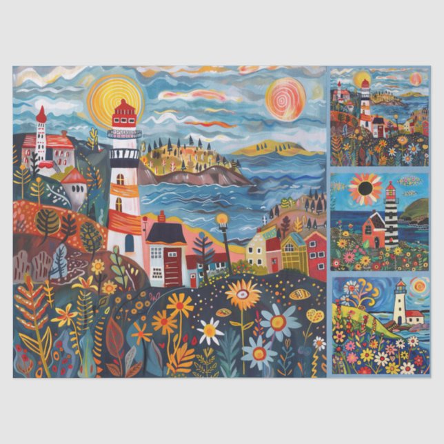 Colourful Watercolor Folk Art Light Houses  Tissue Paper (Front)