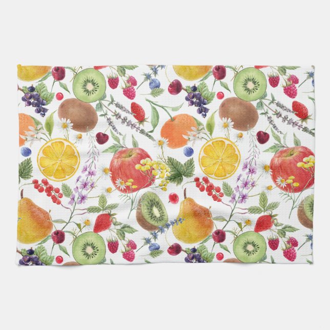 Colourful Watercolor Fruit and Herb Pattern  Kitchen Towel (Horizontal)