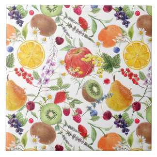 Colourful Watercolor Fruit and Herb Pattern Tile