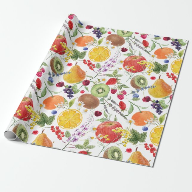 Colourful Watercolor Fruit and Herb Pattern  Wrapping Paper (Unrolled)