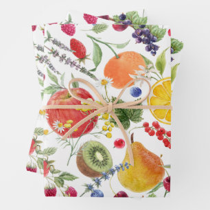 Colourful Watercolor Fruit and Herb Pattern Wrapping Paper Sheet