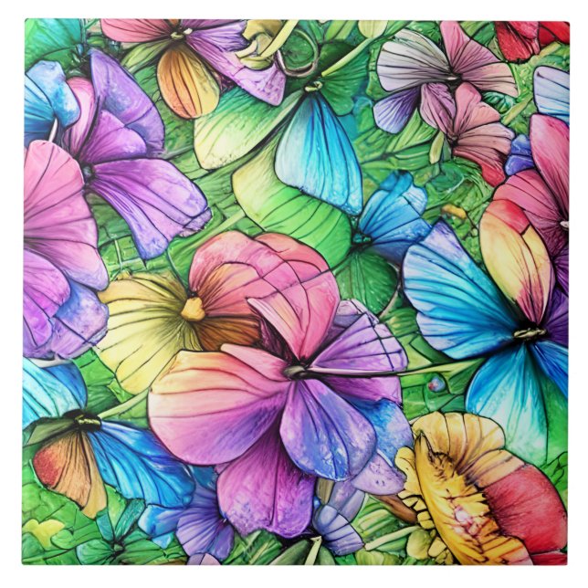 Colourful Watercolor Garden Tile (Front)