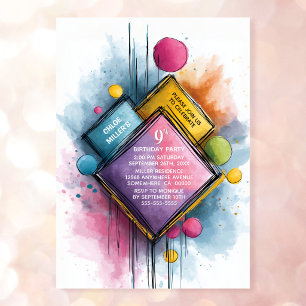 Colourful Watercolor Geometric 9th Birthday Party Invitation