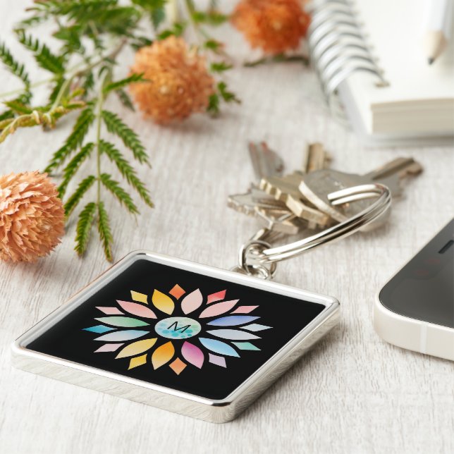Colourful Watercolor Geometric Flower Shape  Keychain (Side)