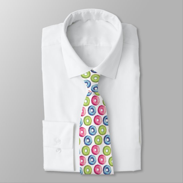 Colourful Watercolor Glazed Doughnut Illustration Tie (Tied)