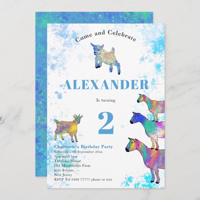 Colourful Watercolor Goat Birthday Party Blue Invitation (Front/Back)