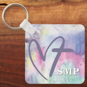 Colourful Watercolor Heart Cross Monogram Keychain