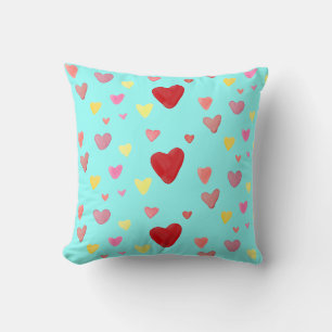 Colourful Watercolor Hearts Love Pattern Throw Pillow