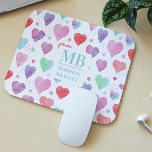Colourful Watercolor Hearts Monogram Name Mouse Pad