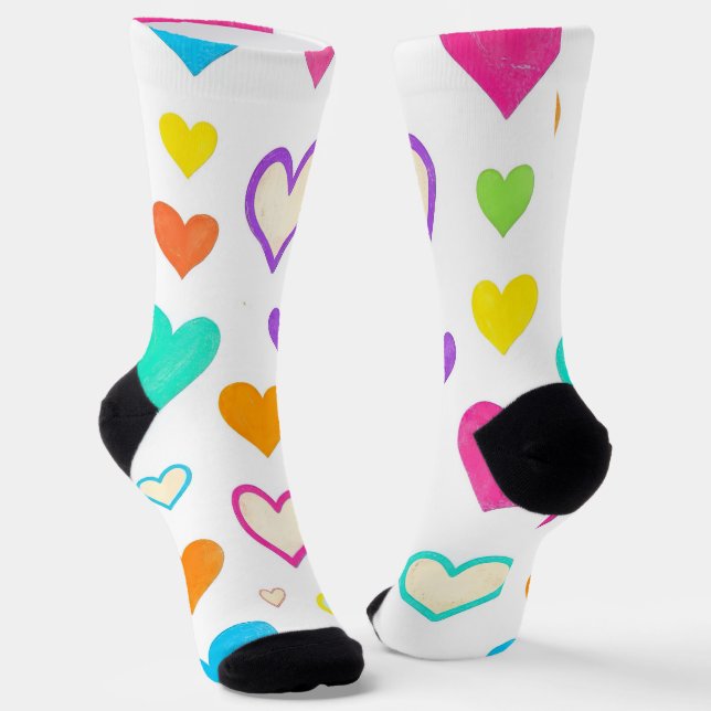 Colourful Watercolor Hearts Pattern Crew rainbow  Socks (Angled)