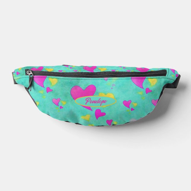 Colourful Watercolor Hearts Pattern with Your Name Fanny Pack (Lay Down)