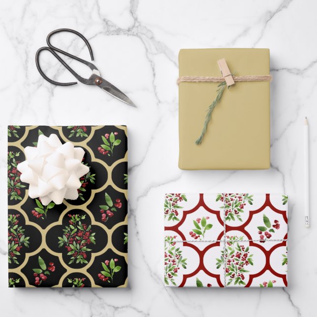 Colourful Watercolor Holly and Quatrefoil Wrapping Paper Sheet (Front)