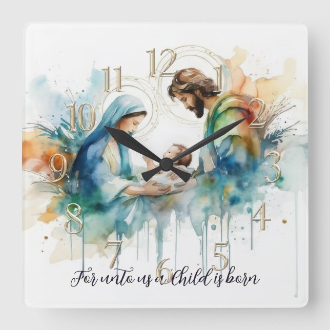 Colourful Watercolor Holy Family Square Wall Clock (Front)