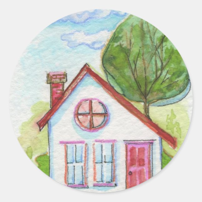 Colourful Watercolor House Classic Round Sticker (Front)