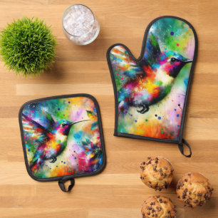 Colourful Watercolor Hummingbird Bird Green Pink Oven Mitt & Pot Holder Set