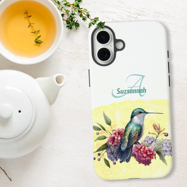 Colourful Watercolor Hummingbird Personalized  Case-Mate iPhone Case (Phone case back with template monogram and name )