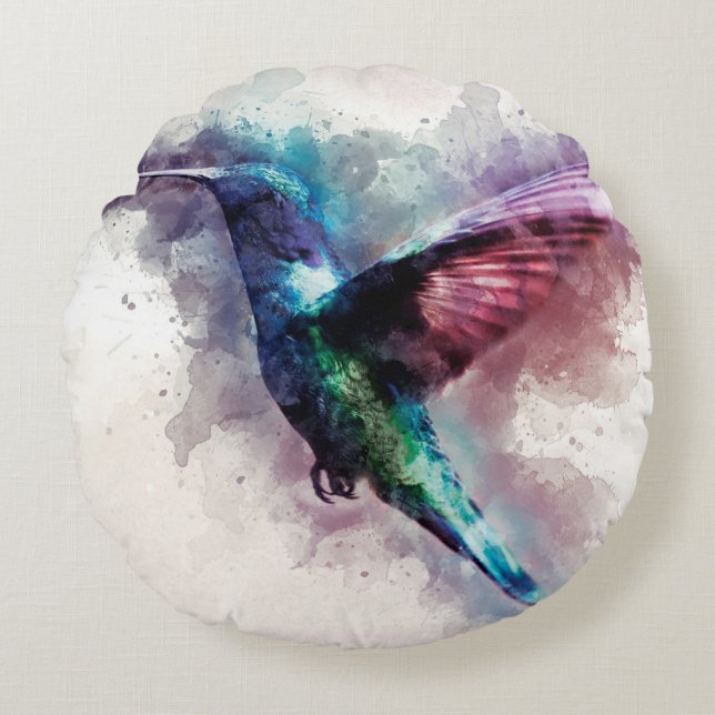 Colourful Watercolor Hummingbird Round Pillow (Front)