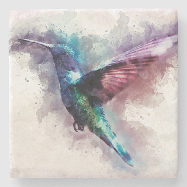 Colourful Watercolor Hummingbird Stone Coaster (Front)