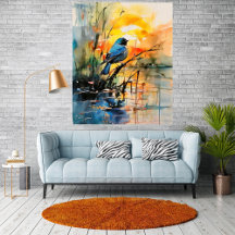 Colourful Watercolor Landscape Lake and Bird