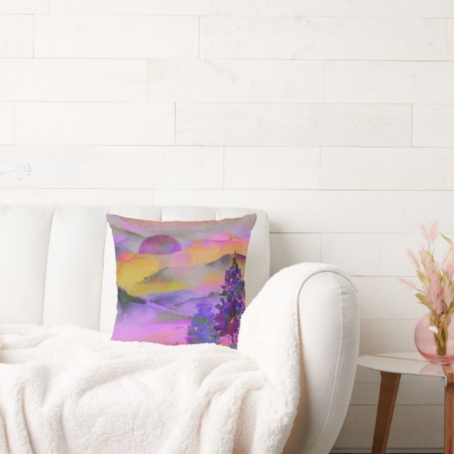 Colourful watercolor landscape painting throw pillow (Couch)