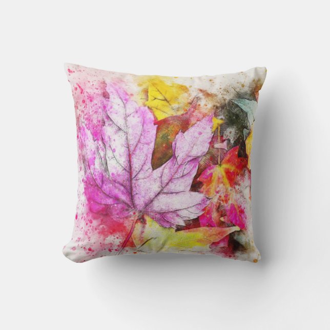 Colourful Watercolor Leaves Throw Pillow (Front)