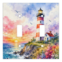 Colourful Watercolor Lighthouse by the Sea