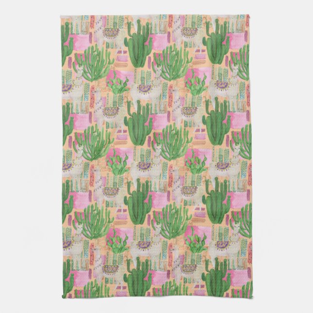 Colourful Watercolor Llama Pattern Kitchen Towel (Vertical)