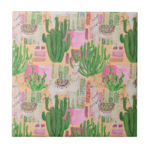 Colourful Watercolor Llama Pattern Tile