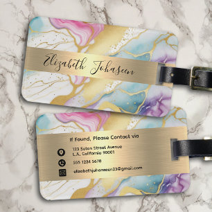 Colourful Watercolor Marble Faux Gold Foil Stripe  Luggage Tag