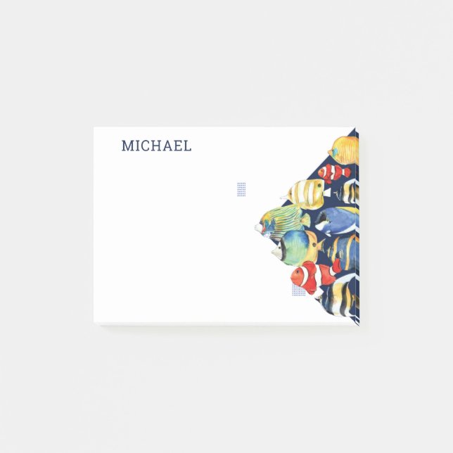 Colourful Watercolor Marine Fish Personalized Name Post-it Notes (Front)