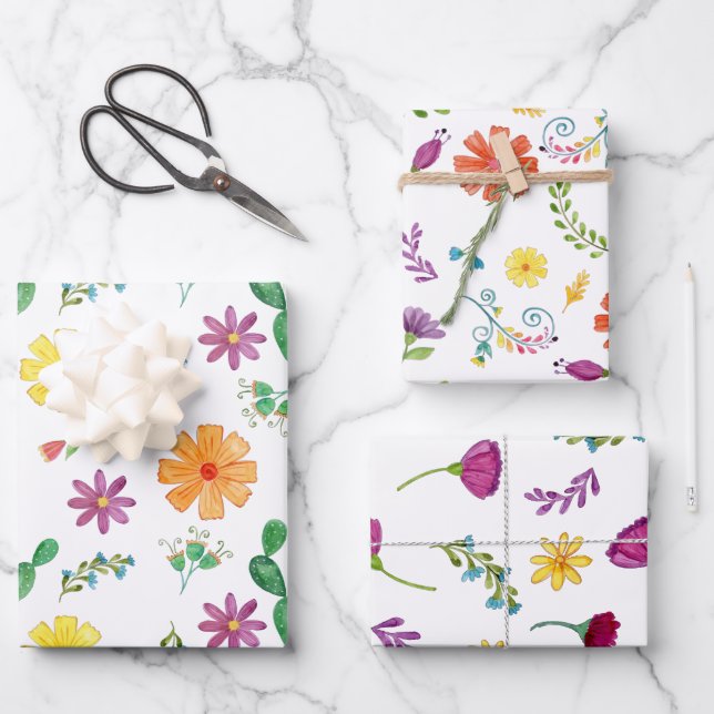 Colourful Watercolor Mexican Fiesta Flowers Wrapping Paper Sheet (Front)